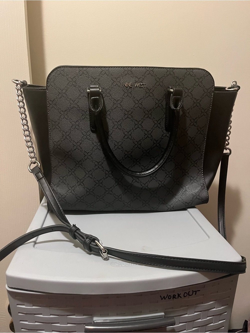 Nine West Black Logo-Print Satchel with Chain Strap